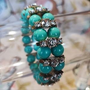 J. Crew Signed Faux Turquoise Beaded Stretch Bracelet Clear Rhinestones EUC